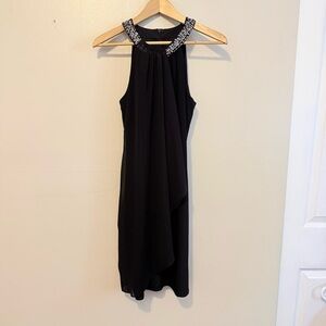 Xscape Black Asymmetrical Dress with Embellished Neckline